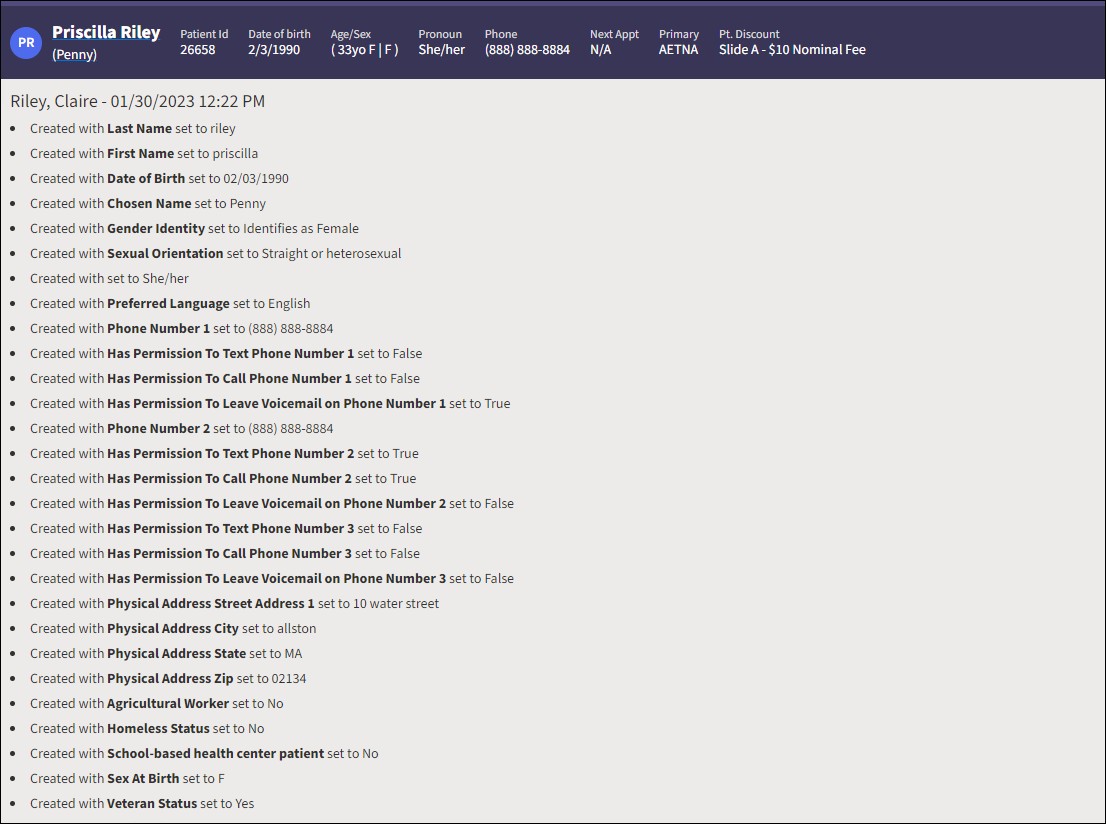 Audit log image for patient example Penny Riley